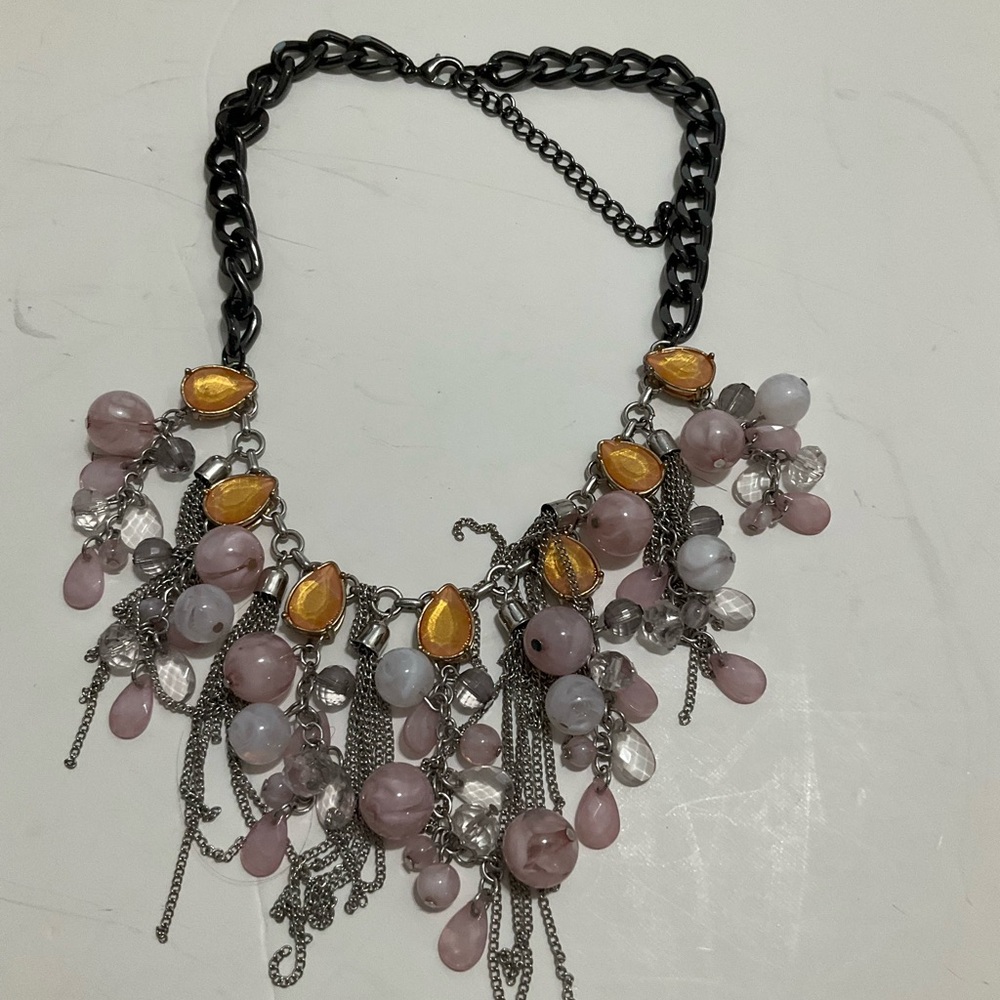 Statement Pink Bead and Chain Fringe Necklace